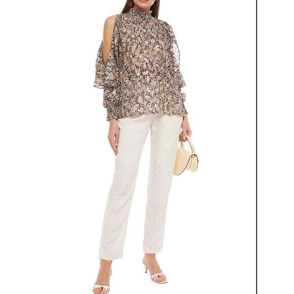 MAJE Cold-Shoulder Printed Metallic Fil Coupé Top Long Sleeve Ruffle Blouse Sz 3